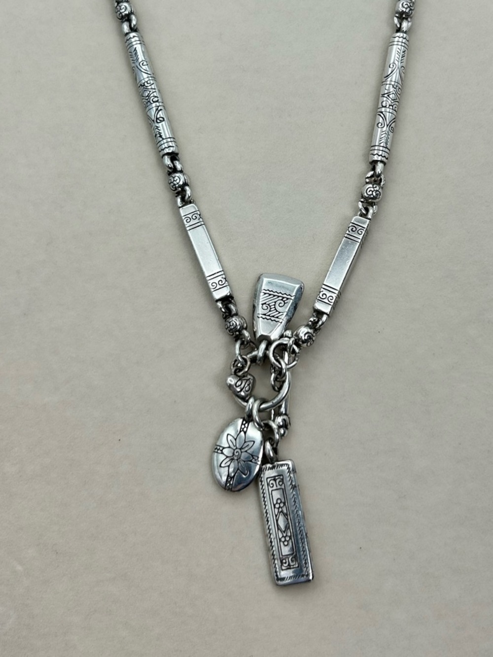 Brighton Long Charm Necklace 32" Vintage Silver Plated Etched Bar Link Toggle